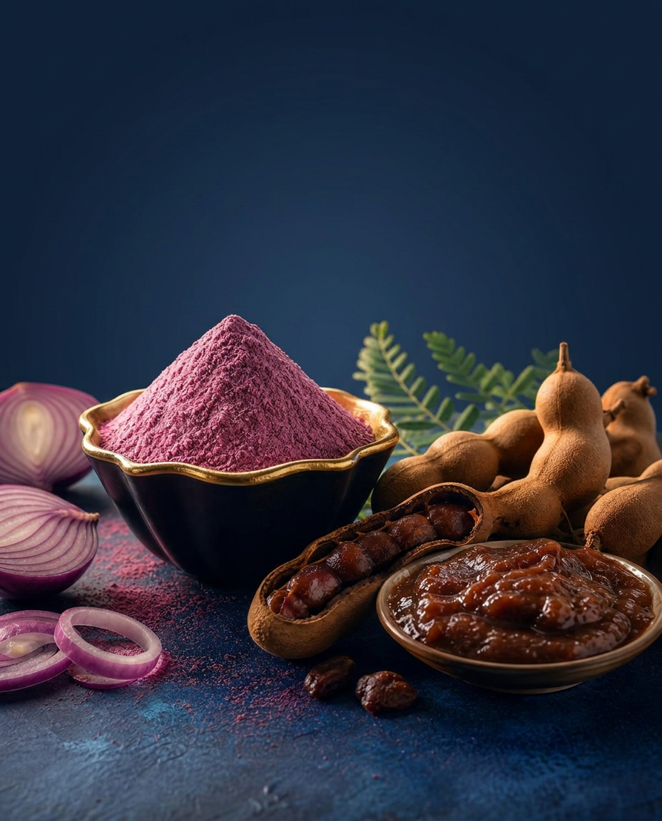 Red onion powder and tamarind pulp with fresh ingredients on a plain navy background